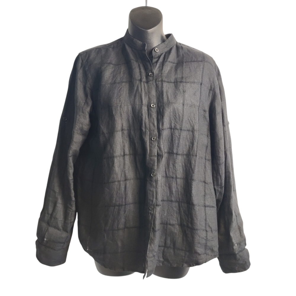 Lauren Ralph Lauren Women's Black Linen Button Up Roll-up Tab Sleeve Shirt Sz PL